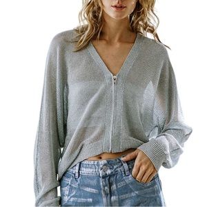 NWT Women's Silver Metallic Knitted Zip Up Top